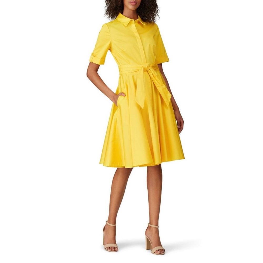 Badgley Mischka Yellow Shirt Collar Short Sleeve Flare Dress Women's Size 10